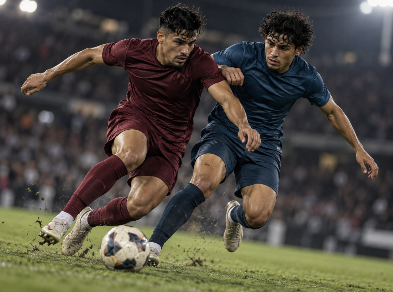 Futbolistas disputan un partido bajo los focos