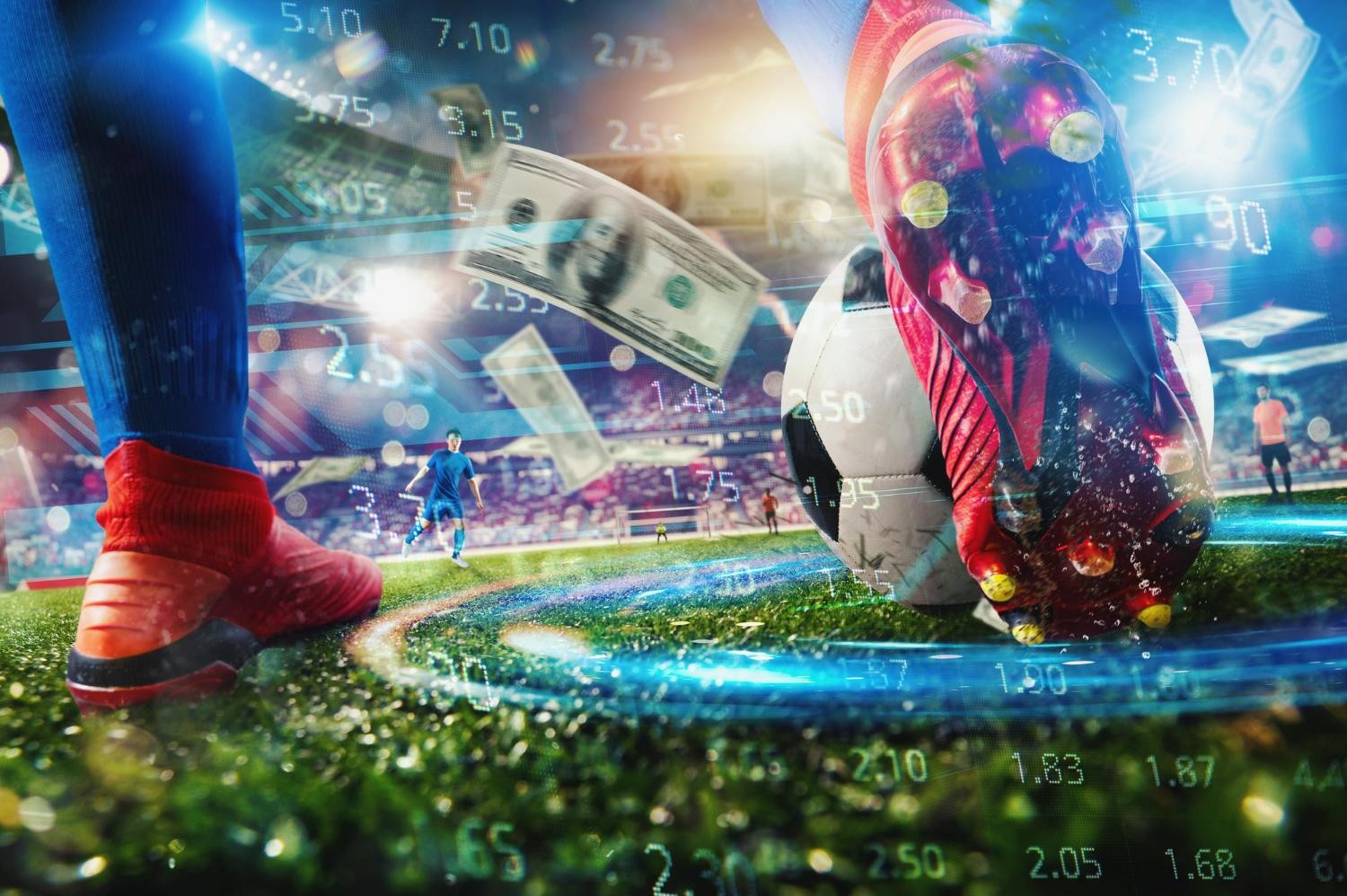 Apuestas de fútbol con cuotas, dinero volando y bota pateando balón.