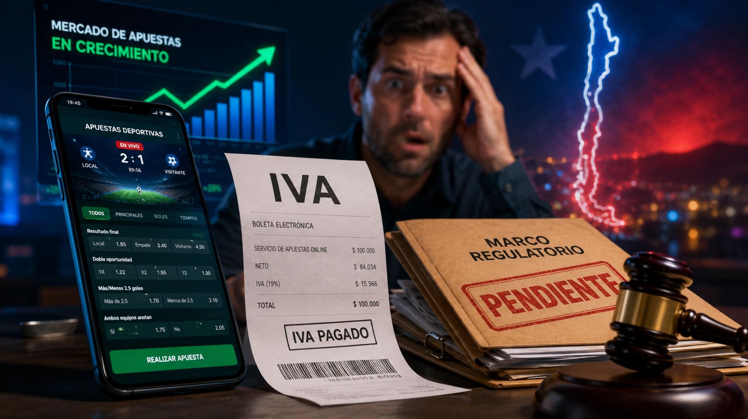 Casas de apuestas en Chile con un celular de apuestas deportivas, una boleta con IVA pagado y un marco regulatorio pendiente sobre una mesa.